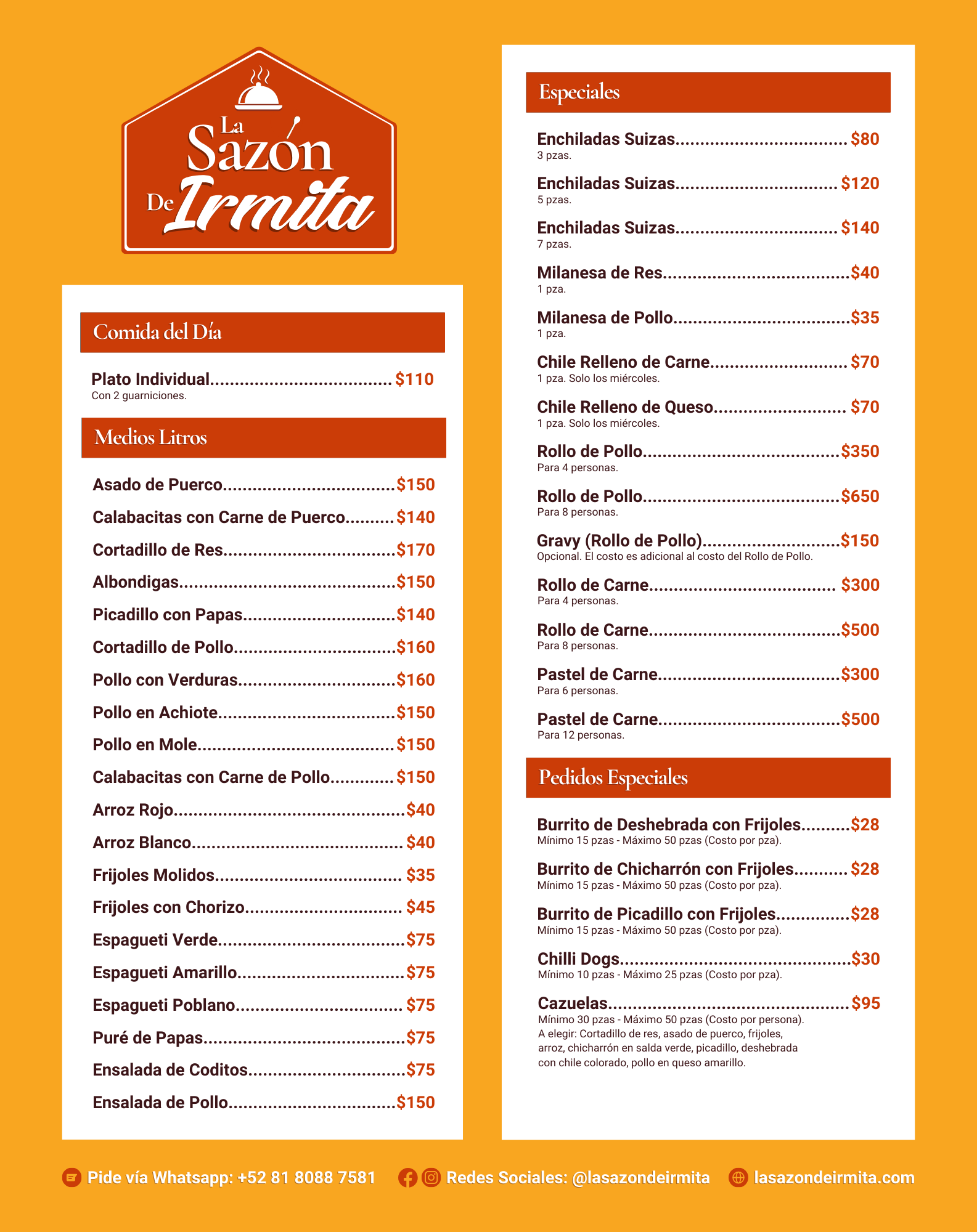 Menú de La Sasón de Irmita